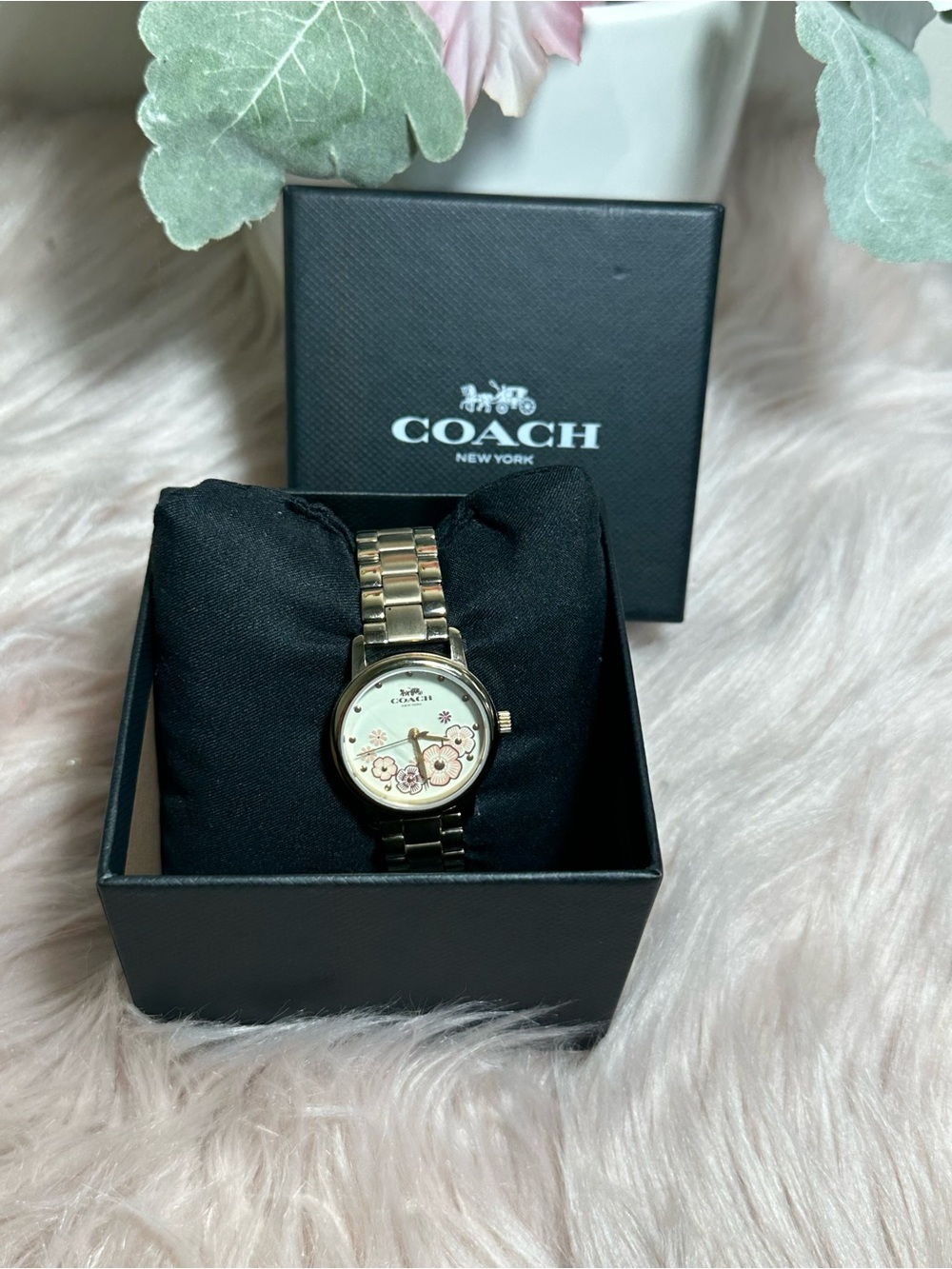 Coach Gold-Tone Women's Floral Dial Bracelet Watch with Ivory Face